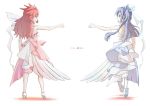  amou_kanade breasts closed_mouth commentary_request dress fist_bump high_heels kazanari_tsubasa long_hair looking_at_another multiple_girls red_hair senki_zesshou_symphogear simple_background smile sorairo_penguin white_background 