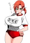  :&gt; alternate_costume bangs bloomers blush boudica_(fate/grand_order) bouncing_breasts breasts buruma closed_mouth commentary_request curvy fate/grand_order fate_(series) green_eyes gym_shirt gym_uniform hanging_breasts huge_breasts impossible_clothes impossible_shirt looking_at_viewer name_tag parted_bangs perepere-kun ponytail red_buruma red_hair shiny shiny_hair shiny_skin shirt shirt_tucked_in short_hair short_sleeves simple_background smile solo thick_thighs thighs tied_hair translation_request underwear v-neck white_background white_shirt 