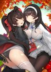  asarokuji ass autumn autumn_leaves between_breasts black_hair breasts commentary_request eyebrows_visible_through_hair girls_frontline hair_ribbon hairband highres large_breasts looking_at_viewer multiple_girls panties panties_under_pantyhose pantyhose pleated_skirt qbz-95_(girls_frontline) qbz-97_(girls_frontline) ribbon skirt smile thighhighs twintails underwear yellow_eyes 