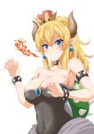  absurdres ainna_(kekai) bare_shoulders blonde_hair blue_eyes blush bowsette bracelet breasts cleavage collar collarbone covered_navel crown earrings eyebrows eyebrows_visible_through_hair fire highres horns jewelry large_breasts looking_at_viewer mario_(series) new_super_mario_bros._u_deluxe pointy_ears sharp_teeth simple_background smile solo spiked_armlet spiked_bracelet spiked_collar spikes super_crown teeth v-shaped_eyebrows white_background 
