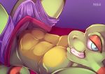  2018 anthro bedroom_eyes big_penis blue_eyes bulge chameleon clothing countershading cronjobs digital_drawing_(artwork) digital_media_(artwork) dipstick_tail erection erection_under_clothes green_penis green_skin half-closed_eyes hi_res lizard looking_at_viewer male multicolored_tail muscular muscular_male navel pecs penis penis_base playtonic_games reptile scalie seductive simple_background smile smirk solo tenting thick_penis underwear video_games yellow_countershading yooka yooka-laylee 