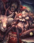  akainoda black_legwear breasts cape commentary_request demon_girl demon_horns demon_wings fantasy fur_trim goat green_eyes high_heels highres horns lion looking_at_viewer medium_breasts medium_hair original pointy_ears red_cape sitting smile snake solo thighhighs throne whip wings 