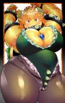  armpit_hair arms_up between_breasts between_labia blonde_hair blush body_blush bowsette bracelet breasts cameltoe cleavage collar commentary_request contrapposto covered_navel cowboy_shot crown earrings embarrassed fat_folds forked_eyebrows frilled_leotard frills genderswap genderswap_(mtf) green_leotard highleg highleg_leotard highres horns huge_breasts jewelry leotard long_hair looking_at_viewer mario_(series) monster_girl monsterification muffin_top narrow_waist new_super_mario_bros._u_deluxe obese open_mouth orange_hair outside_border pantyhose partially_visible_vulva pocharu pubic_hair sapphire_(stone) sharp_teeth shiny shiny_skin skin_tight solo spiked_armlet spiked_bracelet spiked_collar spiked_shell spikes standing super_crown super_mario_bros. teeth thick_eyebrows thick_thighs thighs thong_leotard turtle_shell v-shaped_eyebrows wedgie wide_hips yellow_skin 