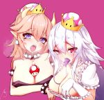  bad_id bad_twitter_id between_breasts black_dress blonde_hair blue_eyes blush bowsette breasts cleavage commentary_request crown dress eyebrows_visible_through_hair gloves heart heart-shaped_pupils highres looking_at_viewer luigi's_mansion mario_(series) mayogii multiple_girls new_super_mario_bros._u_deluxe pointy_ears princess_king_boo purple_eyes saliva simple_background super_crown super_mushroom symbol-shaped_pupils tongue tongue_out white_hair 