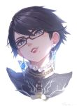  bad_id bad_twitter_id bangs bayonetta bayonetta_(character) bayonetta_2 black-framed_eyewear black_hair earrings eyebrows_visible_through_hair glasses grey_eyes grin head_tilt jewelry lipstick looking_at_viewer makeup mole mole_under_mouth portrait red_lipstick ryota_(ry_o_ta) short_hair signature simple_background smile solo swept_bangs white_background 