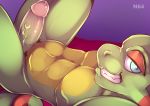  2018 anthro bedroom_eyes big_penis blue_eyes chameleon clothing countershading cronjobs digital_drawing_(artwork) digital_media_(artwork) dipstick_tail erection green_penis green_skin half-closed_eyes hi_res lizard looking_at_viewer male multicolored_tail muscular muscular_male navel nude pecs penis playtonic_games reptile scalie seductive simple_background smile smirk solo thick_penis video_games yellow_countershading yooka yooka-laylee 
