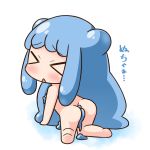 &gt;_&lt; :&lt; all_fours ass bangs barefoot blue_hair blush chibi closed_eyes convenient_censoring double_bun eyebrows_visible_through_hair facing_viewer full_body goo_girl half_slime-chan hana_kazari long_hair monster_girl nude original parted_lips sidelocks soles solo triangle_mouth very_long_hair white_background 