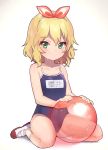 ball bangs bare_arms bare_shoulders beachball blonde_hair blue_swimsuit blush closed_mouth collarbone commentary_request competition_school_swimsuit eyebrows_visible_through_hair full_body green_eyes hair_between_eyes hair_ribbon hairband highres idolmaster idolmaster_cinderella_girls looking_at_viewer name_tag one-piece_swimsuit red_ribbon ribbon sakurai_momoka school_swimsuit shadow shoes sitting socks solo swimsuit transparent uso_(ameuzaki) uwabaki wariza wet white_background white_footwear white_hairband white_legwear 