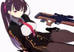  between_breasts breasts bullpup commentary eyebrows_visible_through_hair girls_frontline gloves gun hair_ribbon long_hair looking_at_viewer necktie necktie_between_breasts one_side_up pantyhose purple_hair red_eyes red_neckwear ribbon rifle side_ponytail simple_background sitting sniper_rifle sohin solo wa2000_(girls_frontline) walther walther_wa_2000 weapon white_background 