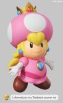  3d black_eyes commentary crown dress earrings elbow_gloves fake_screenshot gloves grey_background jewelry long_hair mario_(series) new_super_mario_bros._u_deluxe outstretched_arms princess_peach puffy_short_sleeves puffy_sleeves rafaknight role_reversal short_sleeves simple_background solo toad white_gloves 