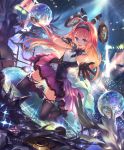 ahoge artist_request audience blue_eyes cygames disco_ball dress eyebrows_visible_through_hair gloves hairband idol kneeling lishenna_omen_of_destruction long_hair looking_at_viewer microphone music official_art red_hair ribbon shadowverse singing skirt thighhighs 