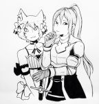  1girl :3 absurdres animal_ears arkay armor asian bare_shoulders cape cat_ears catboy choker commentary crusch_karsten dress english_commentary fangs_out felix_argyle gloves greyscale hand_on_hilt highres ink_(medium) inktober long_hair medium_request monochrome otoko_no_ko re:zero_kara_hajimeru_isekai_seikatsu traditional_media very_long_hair 