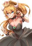  armlet bangs black_collar black_dress black_nails blonde_hair blue_eyes bowsette bracelet breasts brooch cleavage collar collarbone crown dress earrings eyebrows_visible_through_hair fingernails grin hair_between_eyes horns jewelry large_breasts long_fingernails looking_at_viewer mario_(series) mumu_yu_mu nail_polish new_super_mario_bros._u_deluxe pointy_ears ponytail simple_background smile solo spiked_bracelet spiked_collar spikes strapless strapless_dress super_crown super_mario_bros. teeth thick_eyebrows v-shaped_eyebrows white_background 