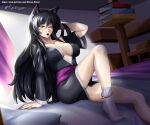  animal_ears bangs black_hair blake_belladonna breasts cat_ears cleavage commentary eyebrows_visible_through_hair hair_between_eyes highres large_breasts long_hair looking_at_viewer one_eye_closed pajamas ribbon rwby very_long_hair vilde_loh_hocen yellow_eyes 