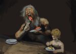  2boys beard blonde_hair chanta_(ayatakaoisii) child chopsticks eating facial_hair fine_art_parody food grey_hair male_focus multiple_boys parody plate saturn_devouring_his_son style_parody sushi 