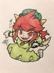  ara_(ara_1978) bowser_peach bracelet claws collar commentary_request crown dress earrings fangs green_dress green_hat hat highres horns jewelry looking_at_viewer mario_(series) marker_(medium) necklace possessed princess_peach prototype red_hair solo spiked_bracelet spiked_collar spikes super_mario_odyssey traditional_media 