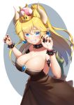  bare_shoulders black_nails blonde_hair blush bowsette bracelet breasts cleavage clenched_teeth collar collarbone commentary_request crown earrings eyebrows_visible_through_hair highres horns jewelry large_breasts long_hair looking_at_viewer mario_(series) nail_polish new_super_mario_bros._u_deluxe pointy_ears ponytail rokuroku_(xd_p) smile solo spiked_armlet spiked_bracelet spiked_collar spikes super_crown teeth 