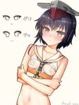  asymmetrical_hair bandaid bandaids_on_nipples bangs bare_shoulders black_hair breasts breasts_outside brown_eyes closed_mouth collarbone commentary_request crop_top crossed_arms framed_breasts hair_between_eyes hat headphones i-14_(kantai_collection) kantai_collection kanzaki_muyu looking_at_viewer navel neckerchief pasties sailor_collar short_hair simple_background small_breasts solo twitter_username white_background 
