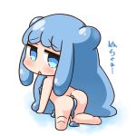  :&lt; all_fours ass bangs barefoot blue_eyes blue_hair blush chibi commentary_request convenient_censoring double_bun eyebrows_visible_through_hair full_body goo_girl half_slime-chan hana_kazari long_hair looking_at_viewer looking_back monster_girl nude original parted_lips sidelocks soles solo triangle_mouth very_long_hair white_background 