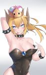  aqua_eyes arm_behind_head bangs bare_shoulders black_leotard blue_earrings blush bowsette bracelet breasts brooch cleavage collar commentary_request covered_navel crown gradient gradient_background grey_background hair_between_eyes hand_in_hair head_tilt heart heart-shaped_pupils highres hips horns jewelry large_breasts leotard leotard_pull long_ponytail looking_at_viewer mario_(series) mrnn new_super_mario_bros._u_deluxe pointy_ears sapphire_(stone) sharp_teeth shiny shiny_clothes shiny_hair shiny_skin sidelocks solo spiked_bracelet spiked_collar spikes strapless strapless_leotard super_crown symbol-shaped_pupils teeth tongue tongue_out upper_body 