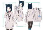  :d absurdres animal_ears black_choker blue_eyes blue_hair blush brown_legwear cat_ears choker closed_eyes clothes_hanger clothes_writing gems_company grey_hoodie highres holding holding_microphone hood hood_down hoodie looking_at_viewer microphone mizushima_aoi_(virtual_youtuber) multiple_views open_mouth pantyhose short_hair simple_background slime_(dragon_quest) smile standing tama_(tama-s) white_background 