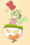  blush cape chiki crossover dress fire_emblem fire_emblem:_monshou_no_nazo green_eyes green_hair hair_ornament hammer highres koopa_clown_car long_hair mamkute mario_(series) open_mouth pointy_ears ponytail raydango solo super_smash_bros. tiara 