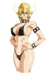  abs alternate_costume areola_slip areolae arikawa armlet bangs bikini black_bikini blonde_hair blue_eyes blue_pupils bowsette bracelet breasts closed_mouth collar covered_nipples cowboy_shot cropped_legs earrings eyebrows_visible_through_hair flipped_hair from_side groin hair_between_eyes halter_top halterneck hands_on_hips high_ponytail highleg highleg_bikini horns jewelry large_breasts light_smile looking_at_viewer looking_to_the_side mario_(series) medium_hair navel new_super_mario_bros._u_deluxe pointy_ears ponytail puffy_nipples shiny shiny_hair shiny_skin sideboob simple_background smile solo spiked_armlet spiked_bracelet spiked_collar spikes standing strap_gap string_bikini swimsuit thighs toned white_background 