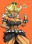  1girl blonde_hair blue_eyes bowsette breasts cleavage crown female horns large_breasts mario_(series) muscle muscular_female nintendo pointy_ears solo super_crown super_mario_bros. zenkaipawa 