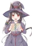  animal_ear_fluff animal_ears bangs black_hair blush butterfly_hair_ornament fangs followers hair_ornament hat highres hikari_niji holding holding_sign long_hair looking_at_viewer open_mouth original red_eyes robe sign solo tail witch_hat 