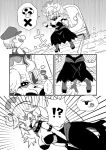  ... 1boy 1girl bare_shoulders blush bowsette bracelet collar comic commentary covering crown dress embarrassed facial_hair greyscale highres horns jewelry mario mario_(series) monochrome mustache new_super_mario_bros._u_deluxe open_mouth panties plumber ponytail spiked_bracelet spiked_collar spiked_tail spikes super_crown super_mario_bros. tail underwear zassou_maruko 
