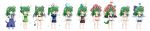  1girl adapted_costume alternate_costume alternate_hairstyle ball beachball bikini black_bikini black_wings blue_bikini blue_bow blush bow chibi cirno cirno_(cosplay) commentary_request cosplay demon_tail detached_sleeves dress folded_ponytail frilled_bikini frilled_ribbon frills frog_hair_ornament full_body green_dress green_hair hair_between_eyes hair_bow hair_ornament hair_ribbon hecatia_lapislazuli hecatia_lapislazuli_(cosplay) highres horns kochiya_sanae long_hair long_image object_on_head osashin_(osada) ponytail pyonta red_bikini ribbon rope shimenawa shorts snake_hair_ornament soccer_ball swimsuit tail touhou transparent_background white_bikini wide_image wings yellow_eyes 