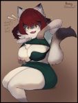  ! anthro big_breasts breasts canine clothed clothing english_text female flashing honeycalamari looking_at_viewer mammal nipples open_mouth sitting slightly_chubby smile solo text thick_thighs voluptuous 