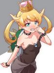  armlet bare_shoulders black_dress blonde_hair blue_eyes bowsette bowsette_(cosplay) bracelet breasts collar cosplay covering_mouth crown dress earrings gem grin headband highres horns jewelry kiratto_pri_chan long_hair looking_at_viewer mario_(series) moegi_emo new_super_mario_bros._u_deluxe pretty_(series) small_breasts smile smug solo spiked_armlet spiked_bracelet spiked_collar spikes strapless strapless_dress super_crown tokomaya_keita turtle_shell twintails 