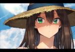  black_hair cloud cloudy_sky comiket_94 commentary day earrings erere green_eyes hair_between_eyes hat idolmaster idolmaster_cinderella_girls jewelry letterboxed long_hair necklace shibuya_rin sky solo straw_hat 