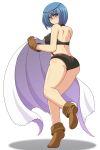  ass bare_shoulders blue_eyes blue_hair blush boots breasts brown_footwear brown_gloves cape cape_removed circlet cypria_(sennen_sensou_aigis) full_body gloves highres kano-0724 looking_at_viewer looking_back sennen_sensou_aigis short_hair simple_background solo standing sweatdrop white_background white_cape 