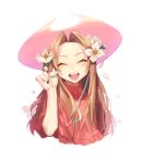  brown_hair capelet closed_eyes cropped_torso digimon digimon_adventure flower hair_flower hair_ornament hat long_hair maro_(lij512) open_mouth pink_hat red_capelet simple_background smile solo sun_hat tachikawa_mimi white_background white_flower 