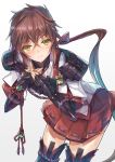 blush bow brown_eyes brown_hair commentary fingerless_gloves gloves hair_bow hand_on_own_chest hinot lora_(xenoblade_2) low_ponytail pauldrons skirt smile xenoblade_(series) xenoblade_2 xenoblade_2:_ogon_no_kuri_ira 