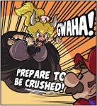  1girl armlet bare_shoulders black_dress blonde_hair bowsette bracelet brooch brown_hair clenched_hands collar crown dress earrings english facial_hair fang hat horns ian_samson jewelry long_hair looking_at_another mario mario_(series) midair mustache new_super_mario_bros._u_deluxe red_eyes speed_lines spiked_armlet spiked_bracelet spiked_collar spiked_shell spikes strapless strapless_dress super_crown turtle_shell v-shaped_eyebrows 