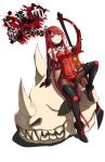  alice360 armpits blood blood_stain breasts cleavage collarbone crimson_avenger_(elsword) elesis_(elsword) elsword eyebrows_visible_through_hair glowing highres long_hair red_hair sitting skull smile sword weapon white_background yellow_eyes 