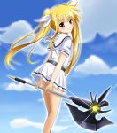  bardiche blonde_hair blue_sky cloud day eyebrows_visible_through_hair fate_testarossa floating_hair hair_between_eyes hair_ribbon head_tilt highres holding holding_weapon long_hair looking_at_viewer lyrical_nanoha mahou_shoujo_lyrical_nanoha miniskirt outdoors pleated_skirt poleaxe private_kaisei_elementary_school_uniform red_eyes ribbon sailor_collar shirt short_sleeves skirt sky solo standing twintails very_long_hair weapon white_ribbon white_shirt white_skirt yorousa_(yoroiusagi) 