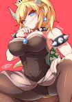  bare_shoulders black_legwear black_leotard black_nails blonde_hair blue_earrings bowsette bracelet breasts brooch character_name cleavage collar commentary_request crown eyebrows_visible_through_hair fang_out fingernails hair_between_eyes hand_on_own_thigh hand_to_own_mouth head_tilt horns jewelry leotard long_ponytail looking_at_viewer mario_(series) muscle muscular_female nail_polish new_super_mario_bros._u_deluxe pantyhose pink_background sapphire_(stone) sayossa_(pak-front) sharp_fingernails shiny shiny_clothes shiny_hair short_hair sidelocks signature simple_background smile solo spiked_bracelet spiked_collar spiked_shell spikes squatting strapless strapless_leotard super_crown tail taut_leotard toned waist_cape 