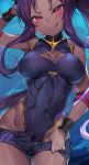  bad_id bad_twitter_id bare_shoulders blush breasts character_request cleavage_cutout commentary_request copyright_request covered_navel dark_skin highleg highleg_leotard highres large_breasts leotard licking_lips long_hair navel purple_hair red_eyes shorts sidelocks solo tem10 tongue tongue_out 