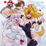  3girls artist_name ass black_legwear black_leotard blonde_hair blue_eyes boo bowsette bracelet breasts brown_eyes brown_hair chibi choker citemer claw_pose claws cleavage commentary covered_navel crown elbow_gloves english facial_hair fingernails frilled_leotard frills gloves goomba hat heart highleg highleg_leotard highres horns jewelry large_breasts leotard light_blush long_ponytail long_tongue looking_at_viewer luigi's_mansion mario mario_(series) mini_crown multicolored_hair multiple_girls mustache new_super_mario_bros._u_deluxe open_mouth overalls pale_skin panties ponytail princess_king_boo purple_eyes red_hair red_hat sharp_fingernails sharp_teeth silver_hair simple_background spiked_armlet spiked_bracelet spiked_choker spiked_shell spiked_tail spikes streaked_hair super_crown super_mario_bros. tail teeth tongue tongue_out turtle_shell two-tone_hair underwear wavy_hair white_background white_gloves white_leotard wide_ponytail 