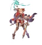  blonde_hair boots bracelet breastplate brown_hair cape djeeta_(granblue_fantasy) full_body granblue_fantasy hair_ornament hair_ribbon hand_up jewelry knee_pads magic minaba_hideo official_art red_cape red_skirt ribbon runeslayer_(granblue_fantasy) short_hair skirt smile sword thigh_boots thighhighs transparent_background weapon wide_sleeves wind zettai_ryouiki 