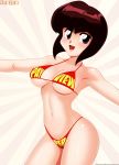  1girl armpits bare_arms bare_shoulders bikini blush breasts brown_eyes brown_hair collarbone medium_breasts navel open_mouth ranma_1/2 short_hair simple_background solo standing swimsuit tendou_nabiki tenzen-hentai underboob 