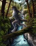  2018 anthro blue_eyes canine casual_nudity digital_media_(artwork) forest male mammal rakan river scar sidonie solo tree water were werewolf wolf 