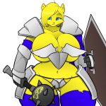  2018 5_fingers anthro armor armwear big_breasts blonde_hair blue_eyes breasts cleavage clothed clothing feline female fur hair hayakain kristy_winters_(lildredre) lion looking_at_viewer mace mammal melee_weapon paladin shield simple_background skimpy small_head solo thick_thighs unconvincing_armor voluptuous weapon white_background wide_hips yellow_fur 