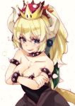  bare_shoulders blonde_hair blue_eyes blush bowsette bracelet breasts cleavage collar collarbone crossed_arms crown eyebrows eyebrows_visible_through_hair highres horns jewelry large_breasts looking_at_viewer mario_(series) new_super_mario_bros._u_deluxe open_mouth ponytail sharp_teeth short_hair sketch solo spiked_armlet spiked_bracelet spiked_collar spikes super_crown tail teeth yunekoko 