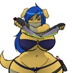  2018 5_fingers amy_&quot;river&quot;_lewis_(lildredre) anthro armwear assassin big_breasts blue_hair breasts brown_eyes canine cleavage clothed clothing dog female fur gloves golden_retriever hair hayakain knife looking_at_viewer mammal mask melee_weapon simple_background skimpy thick_thighs voluptuous weapon white_background wide_hips yellow_fur 