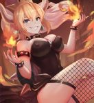  aqua_eyes bare_arms bare_shoulders black black_collar black_dress black_legwear black_nails blonde_hair bowsette bracelet breasts cleavage collar commentary_request covered_navel covered_nipples crossed_legs crown dolce_(dolsuke) dress earrings embers evil_grin evil_smile fingernails fire fireball fishnet_legwear fishnets floating_hair food fruit green_earrings grin hands_up high_ponytail horns jewelry large_breasts long_fingernails long_hair long_ponytail looking_at_viewer mario_(series) nail_polish new_super_mario_bros._u_deluxe orange pointy_ears princess pyrokinesis sapphire_(stone) sharp_fingernails sharp_teeth sleeveless sleeveless_dress smile solo spiked_armlet spiked_bracelet spiked_collar spiked_shell spikes strapless strapless_dress super_crown teeth thighhighs turtle_shell unmoving_pattern w_arms 